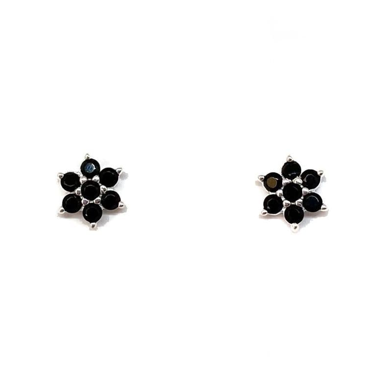Aros Flor Circon Negro Plata Fina 925