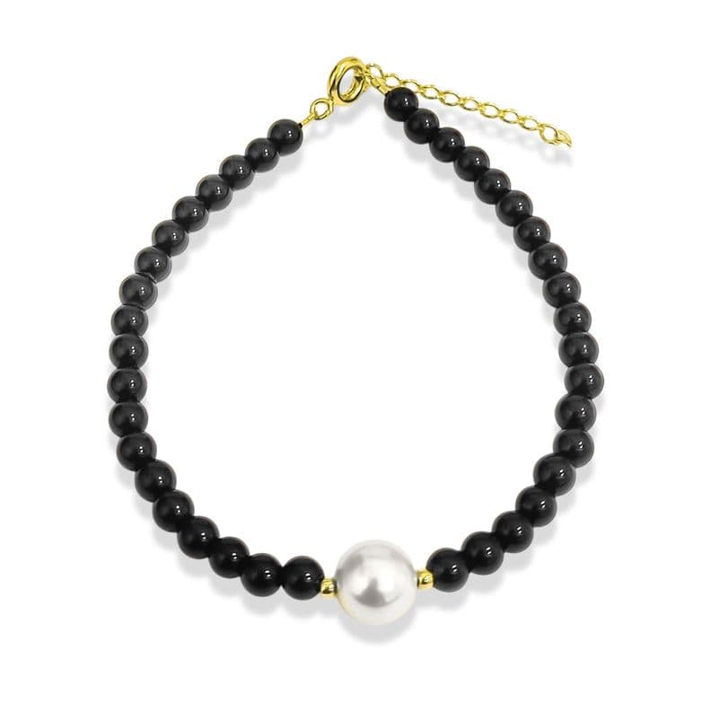 Pulsera Onix 4mm Shellpearl 8mm Enchapado Oro 18K