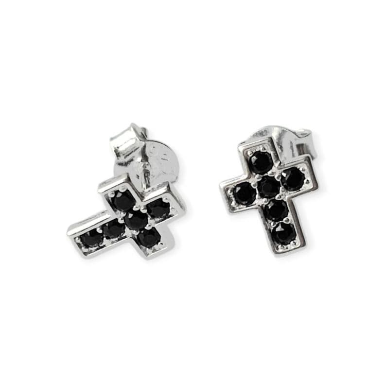 Aros Cruz Circon Negro Mini Plata Fina 925