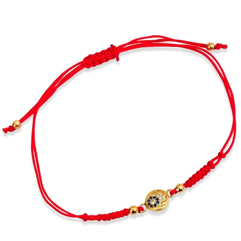 Pulsera Mano De Fatima Circon Enchapado Oro 18K Cordon Rojo