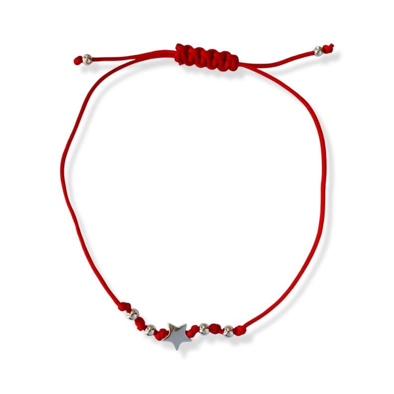 Pulsera Estrella Bolitas Plata Fina 925 Cordon Rojo