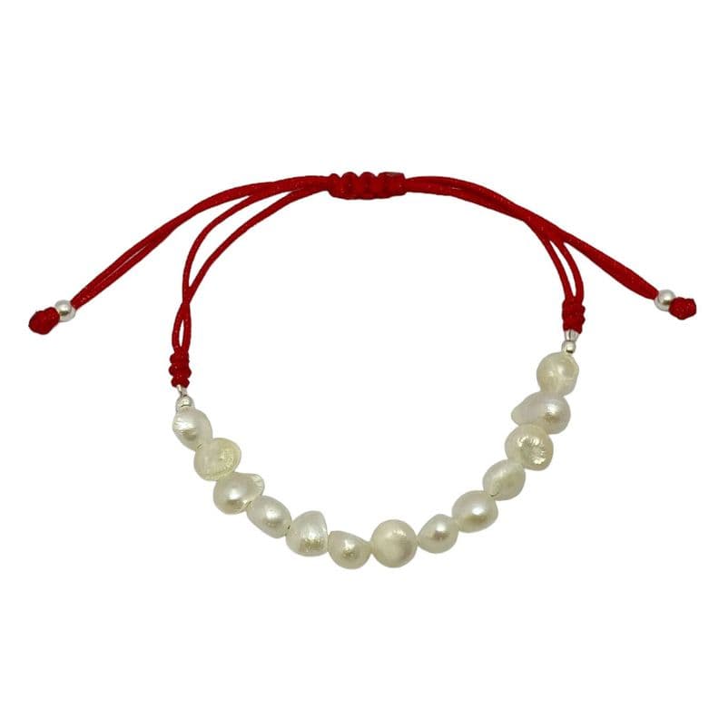 Pulsera Perlas de Rio Cordon Rojo Plata Fina 925