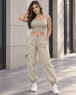 Conjunto Mujer Top Ajustado y Pantalon Cargo con Cordon Beige M