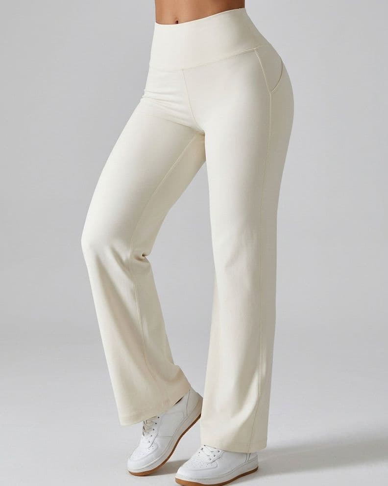 Pantalon Palazzo Mujer Tiro Alto Deportivo Bolsillo Trasero Beige L