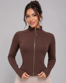 Chaqueta Corta Deportiva Entallada Mujer Cierre Dorado Cafe L