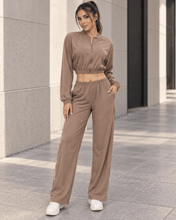 Conjunto Deportivo Mujer Palazzo con Bolsillos Chaqueta Crop Cafe M