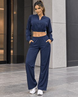 Conjunto Deportivo Mujer Palazzo con Bolsillos Chaqueta Crop Azul M