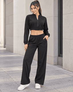 Conjunto Deportivo Mujer Palazzo con Bolsillos Chaqueta Crop Negro S