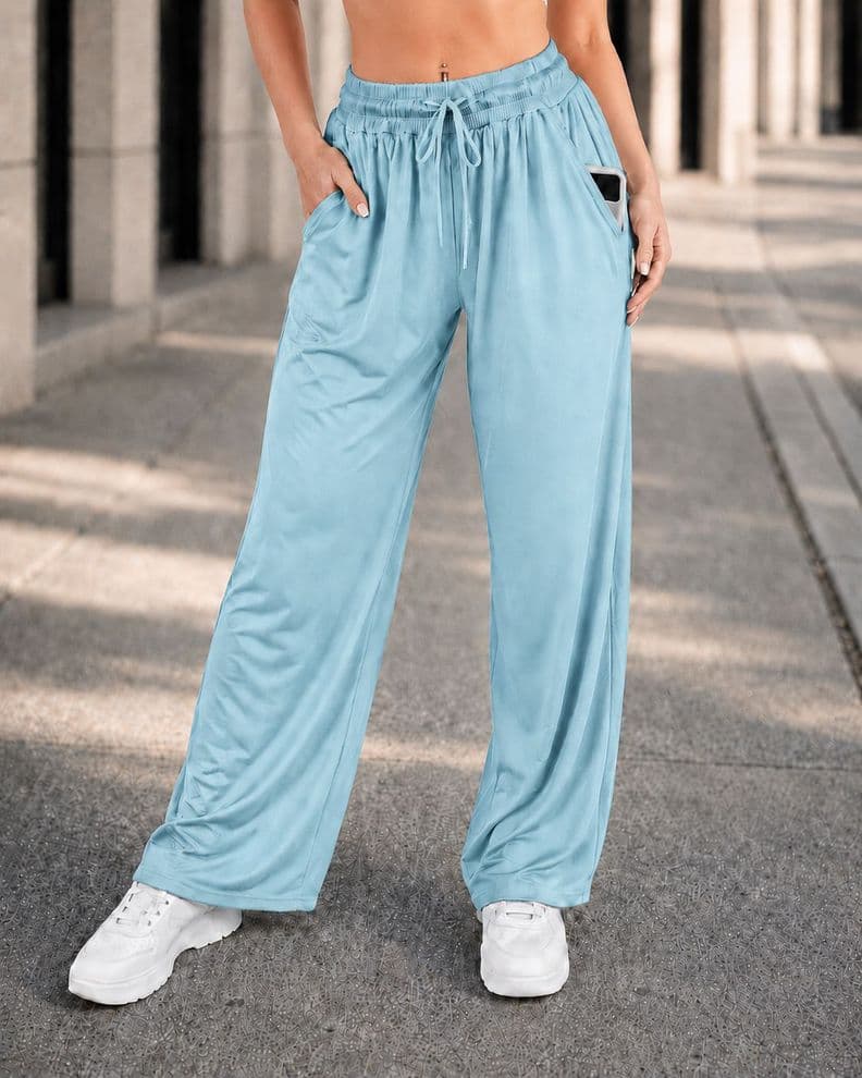 Pantalon Palazzo Mujer Cintura Elastica Con Cordon Ajustable Celeste S
