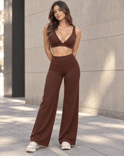 Set Mujer Palazzo Corte Corazon Top Peto Relleno Removible Cafe M-L