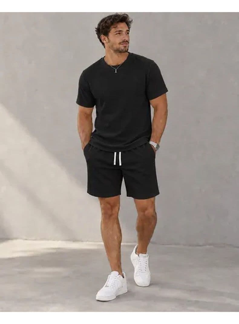 Conjunto Hombre Polera Short Texturado Casual Verano Negro S