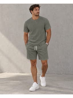 Conjunto Hombre Polera Short Texturado Casual Verano Verde Militar L