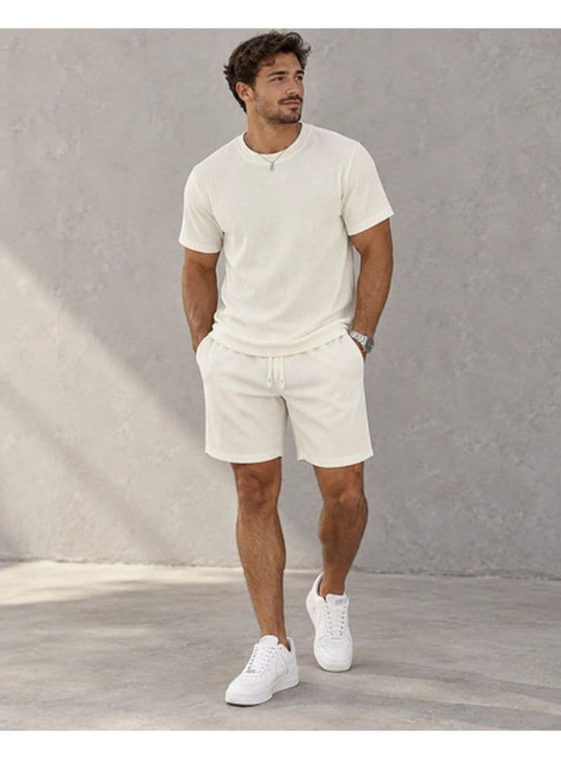 Conjunto Hombre Polera Short Texturado Casual Verano Blanco M