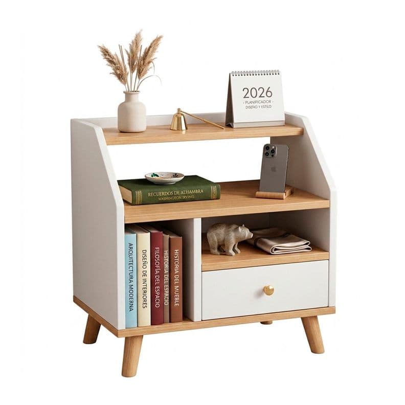 Velador con Cajon Doble Repisa y Compartimientos 534030cm Blanco 0