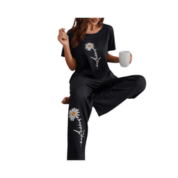 Pijama Negro con Estampado de Margarita y Letras - Talla M