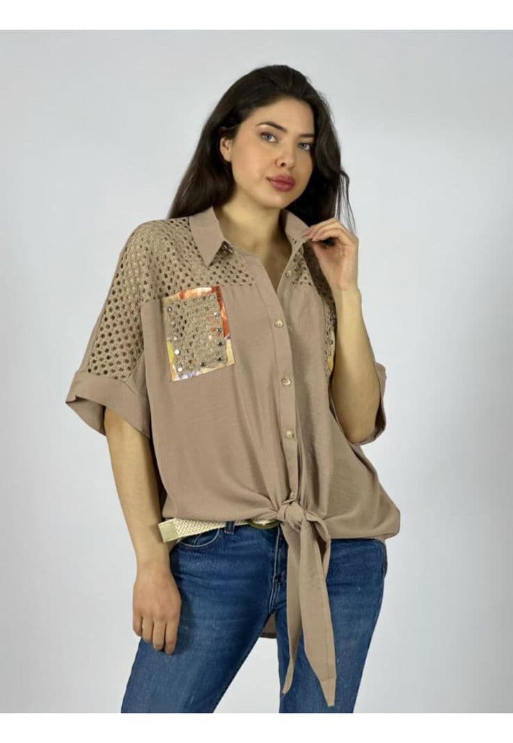 Blusa Crepe Hombros Tejidos Azul Cafe