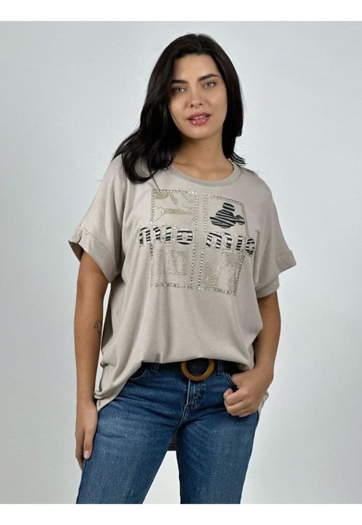 Polera Casual Algodon Mickey Brillante Beige
