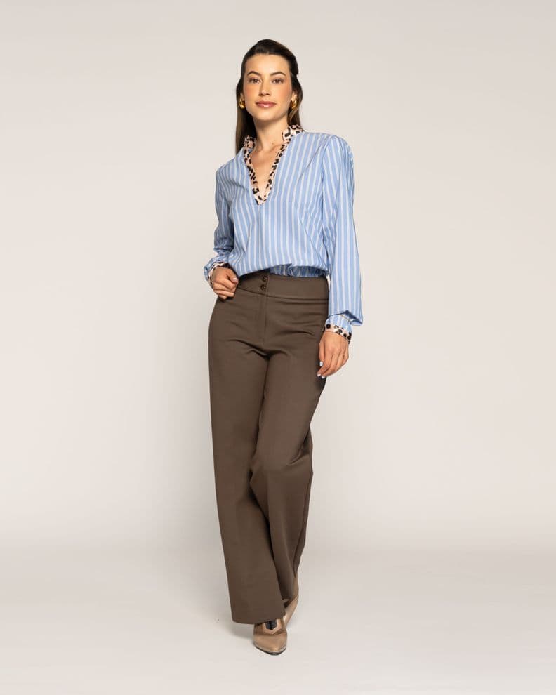 Blusa Ines Celeste Ajustada Cuello V Manga Larga Ludovica S