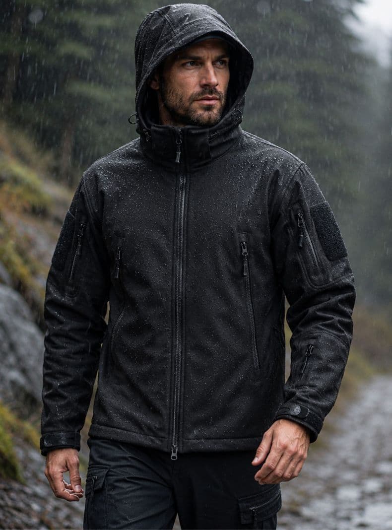 Chaqueta Tactica Militar Softshell Negra Impermeable Forro Polar Capucha Negro M
