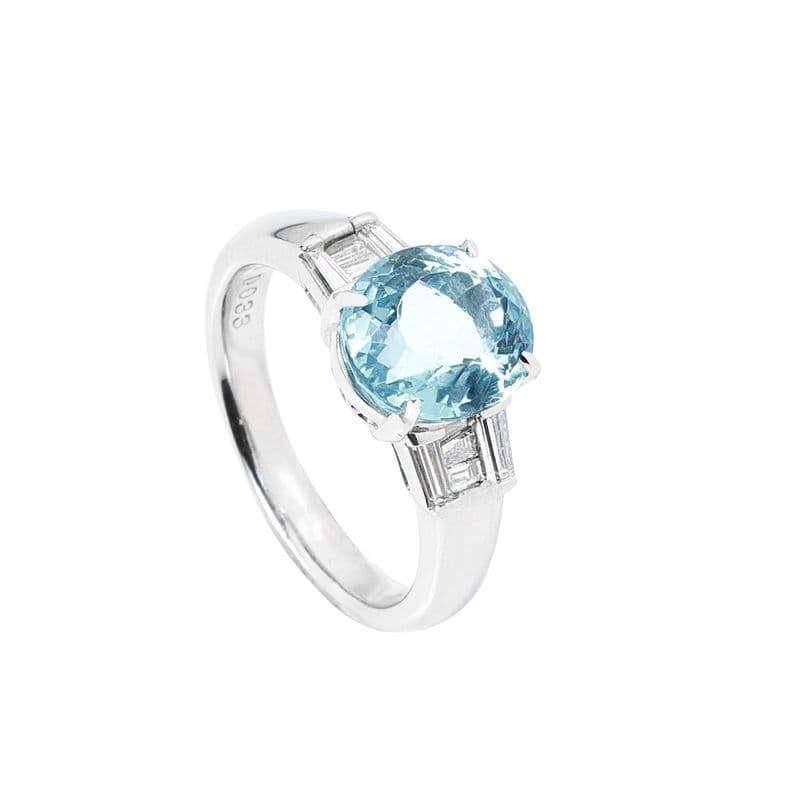 Anillo Platino con Aguamarina y Baguette Talla 11