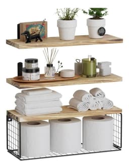Repisas Flotantes De Madera Modernas X3 Con Reja 100 Pino Cafe Claro