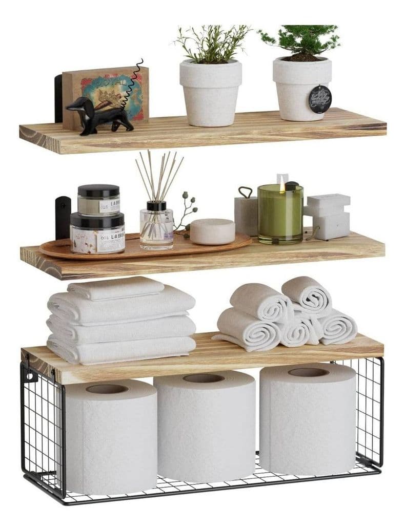 Repisas Flotantes De Madera Modernas X3 Con Reja 100 Pino Cafe Claro
