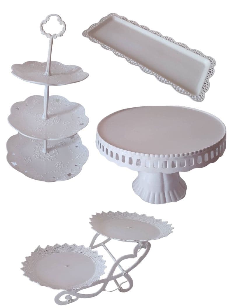 Set 4 Piezas Candy Bar (Porta Torta, Porta Cupcakes, Bandeja) - Blanco