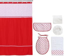 Cortina y Set de bano 7 piezas 180 x 180 cms circulos rojos Rojo