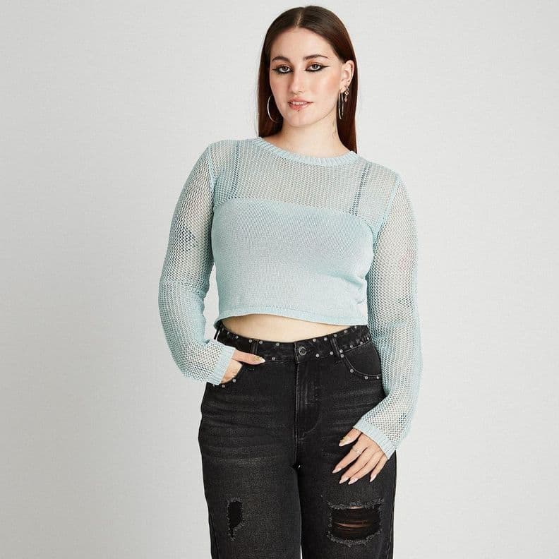 Sweater calado Lurex con abertura espalda | Acuarela Celeste XS