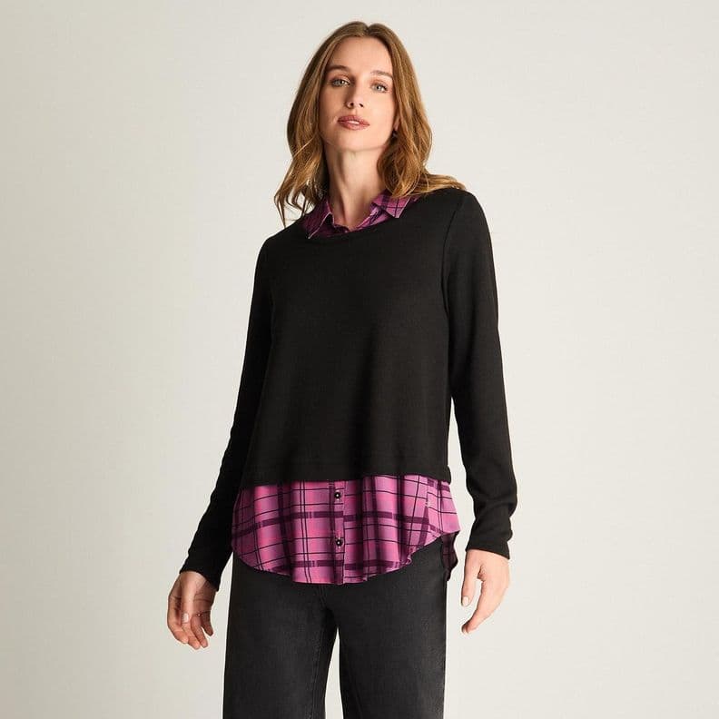 Blusa Fabric Mix Escocesa Negro L