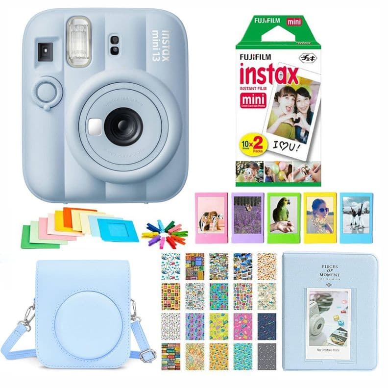 SET COMPLETO CAMARA FUJIFILM INSTAX MINI 13 CELESTE +20 PELICULAS +ACCESORIOS