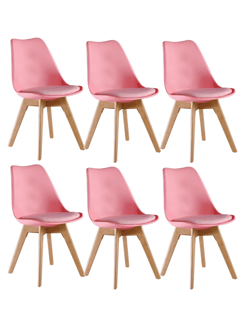 Pack 6 Sillas de Comedor Tulip Acolchadas con Patas de Madera Rosado