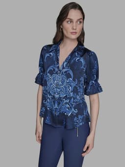 Camisa estampada de manga corta con botones Azul Karl M