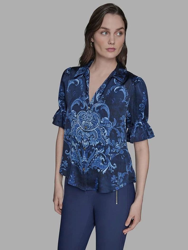 Camisa estampada de manga corta con botones Azul Karl M