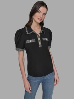 Top con mangas abullonadas y cuello camisero Negro XL