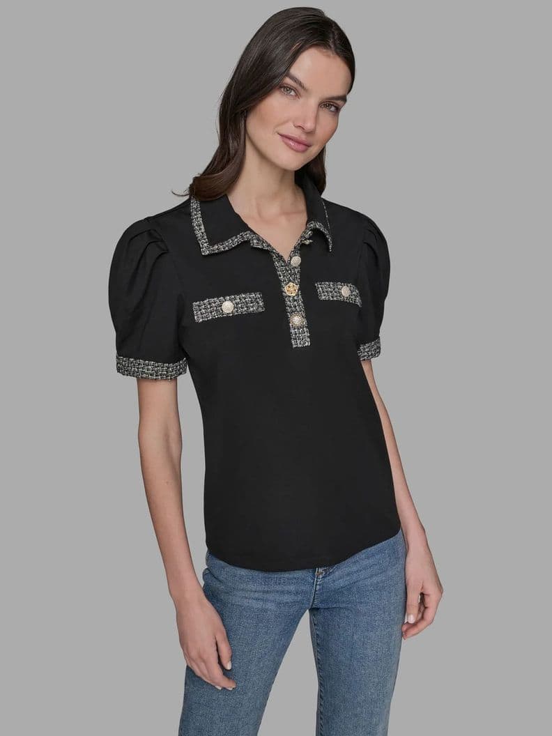Top con mangas abullonadas y cuello camisero Negro L