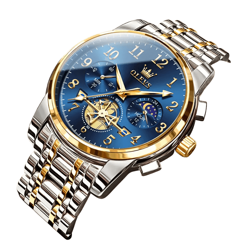 Reloj Cronografo de Lujo Hombre con Esfera Azul Funcion Fase Lunar Plateado Metalico