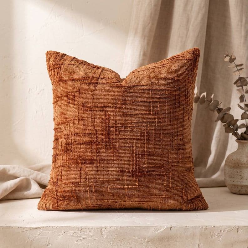 Set 2 Fundas de Cojin Chenille Texturizado Cuadriculado Naranjo 45x45 cm Coleccion Monaco Cobre
