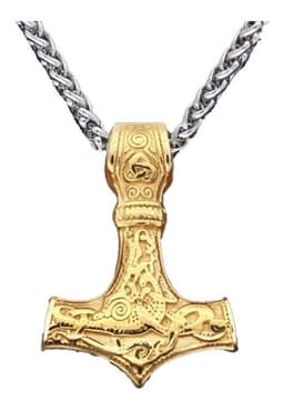 Collar Vikingo Gold Martillo Thor Nordico Hombre Titanio Dorado