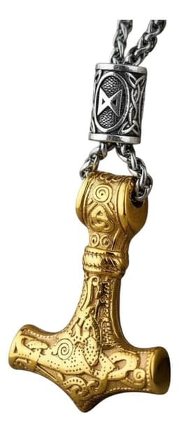 Collar Vikingo Martillo Gold Thor Nordico Runas Hombre L Dorado