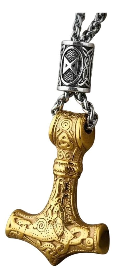 Collar Vikingo Martillo Gold Thor Nordico Runas Hombre L Dorado