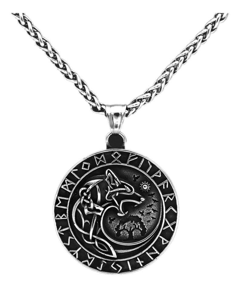 Collar Vikingo Runas Vegvisir Moon Lobo Hombre Moda 2024 Plateado