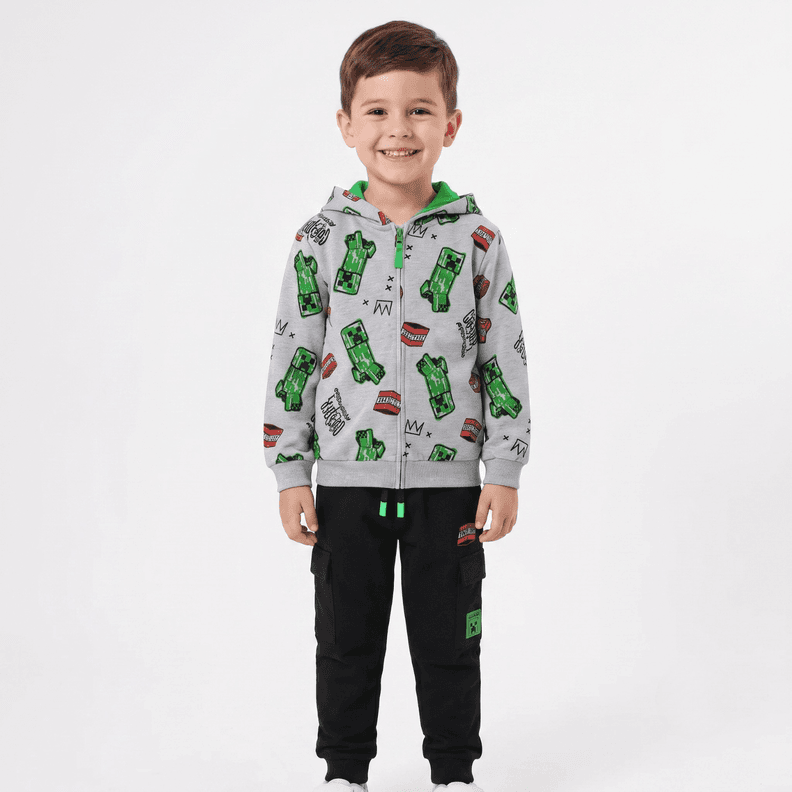 Conjunto Buzo Nino Minecraft Full Print Gris 14