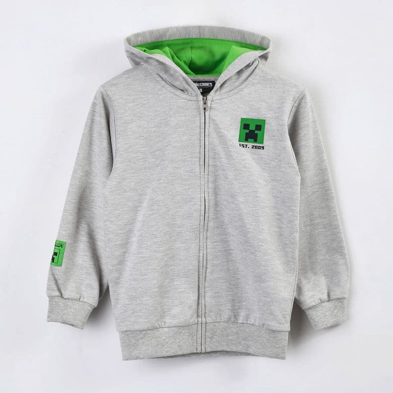 Poleron Abierto Nino Minecraft Creeper Bolsillo Gris 16