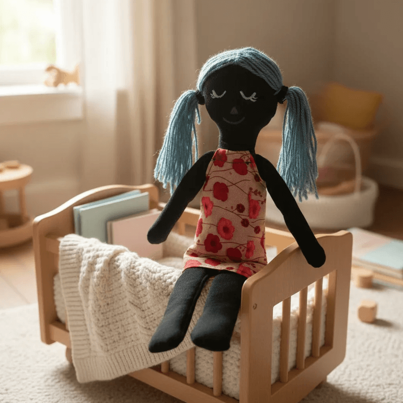 Mi primera muneca color Maria Waldorf-Montessori Inclusion lona relleno antialergico pintada a mano Negro