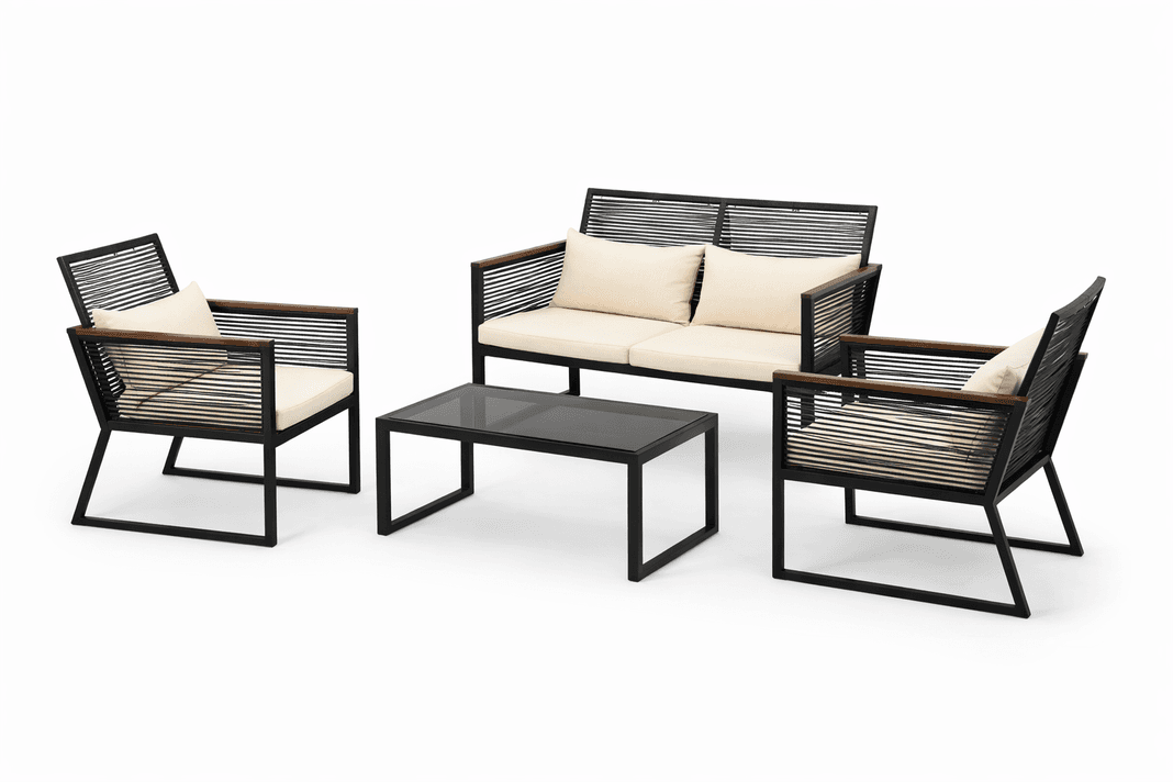 Set de Terraza 4 Piezas Negro con Cojines Beige con Sofa, Sillas y Mesa Vidrio