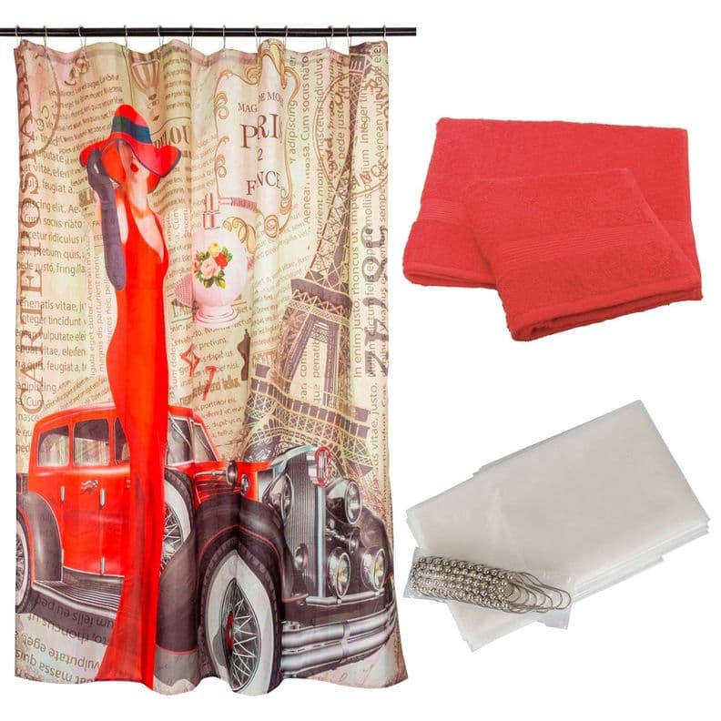 Set Cortina Bano Paris Rouge + Juego de Toallas Rojo