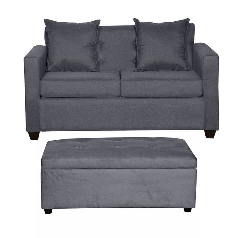 Set Sofa 2c Gramado y Banqueta Baul Felpa Gris Oscuro