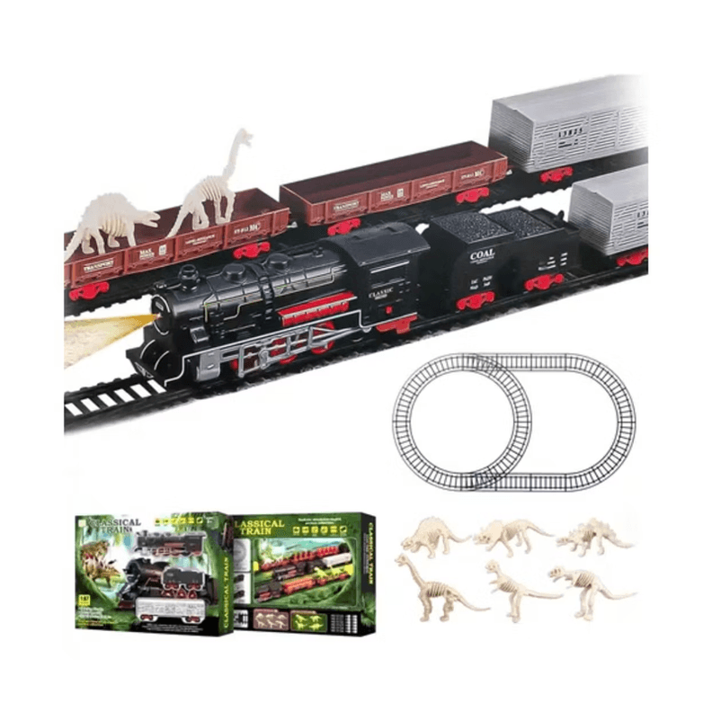 Juguete Tren Y Dinosaurio Electrico 32 Pcs Vagones Rieles Negro
