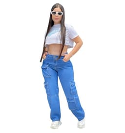 Jeans Cargo Azul Tiro Alto Azul 40